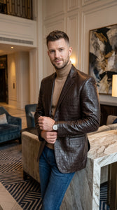 Zacchi Men’s Brown Crocodile Print Leather Feel Blazer, Italian Cut 2 Button Big and Tall Jacket