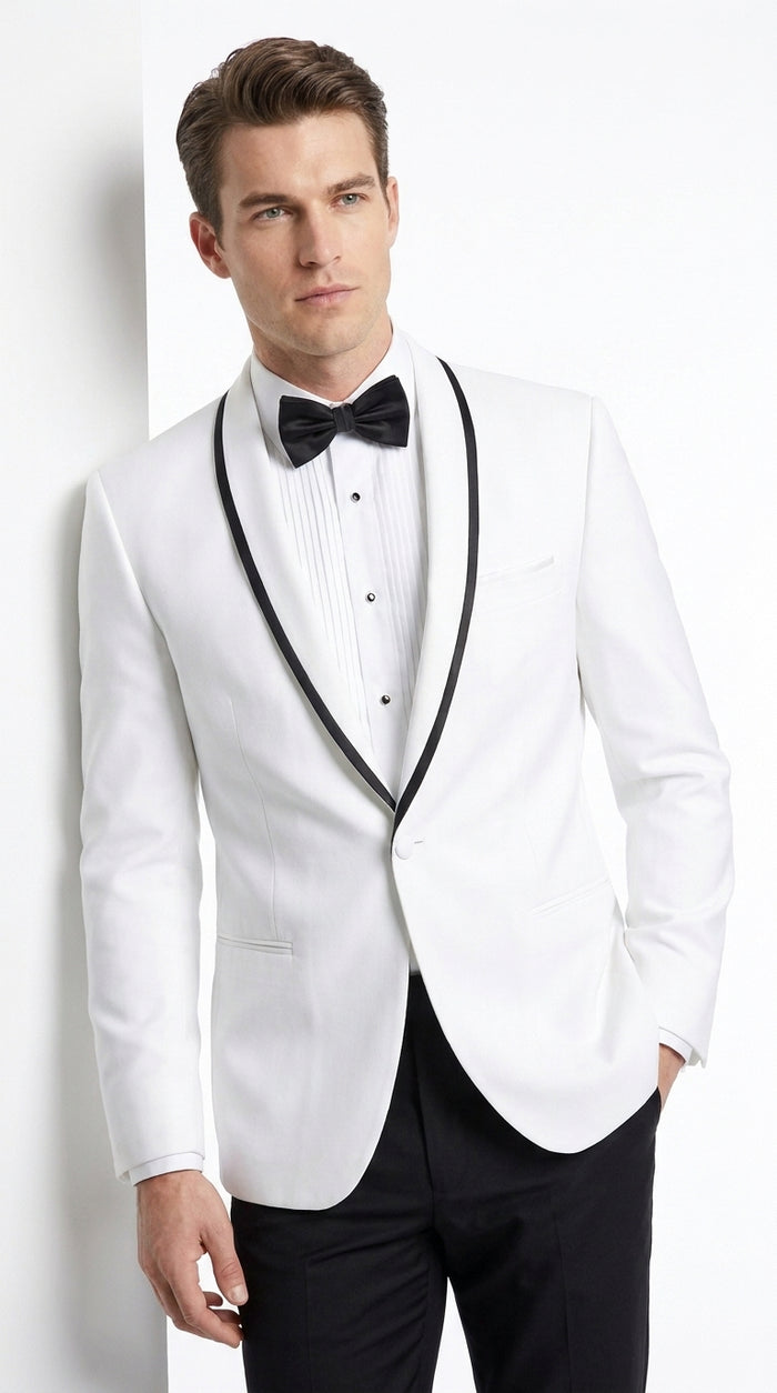 Men’s Designer White Dinner Jacket with Black Trim, Traditional Formal Wedding Prom Tuxedo Blazer