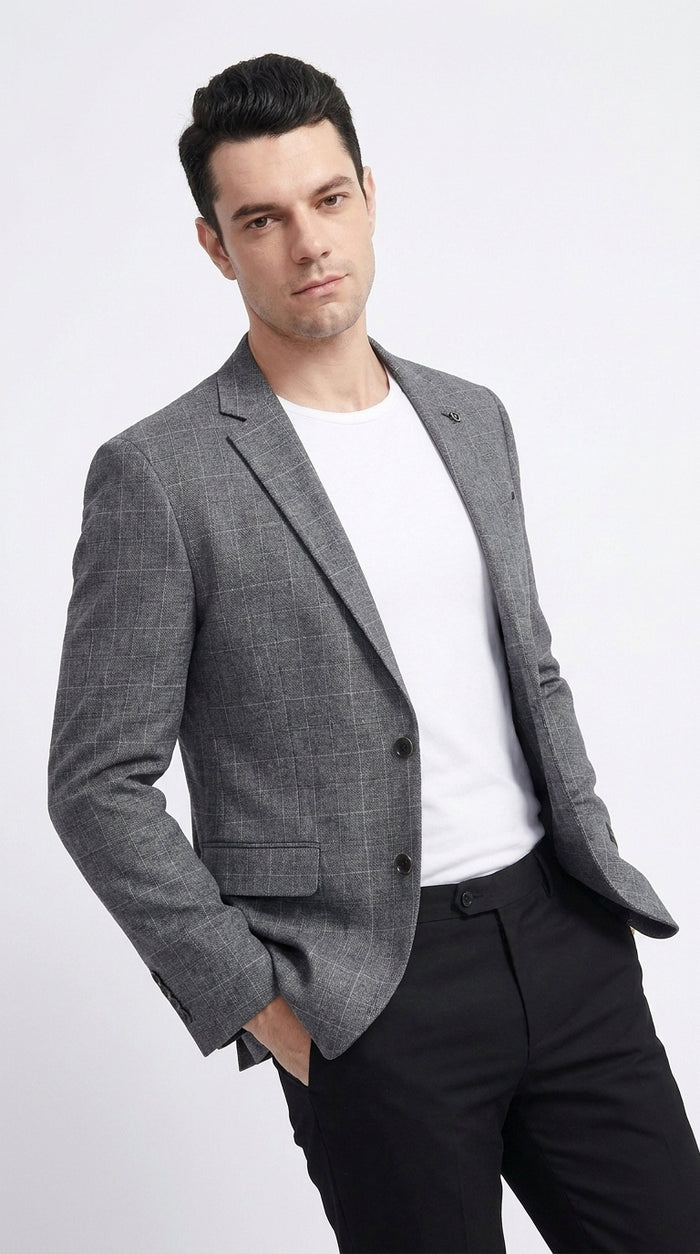 Tazio Men’s Charcoal Grey Plaid Sport Coat, 2 Button Windowpane Dress Blazer
