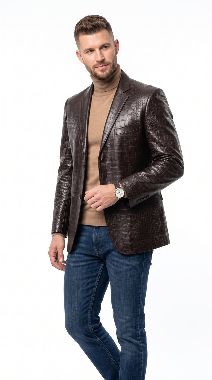 Zacchi Men’s Brown Crocodile Print Leather Feel Blazer, Italian Cut 2 Button Big and Tall Jacket