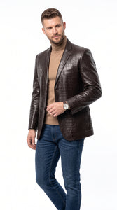 Zacchi Men’s Brown Crocodile Print Leather Feel Blazer, Italian Cut 2 Button Big and Tall Jacket