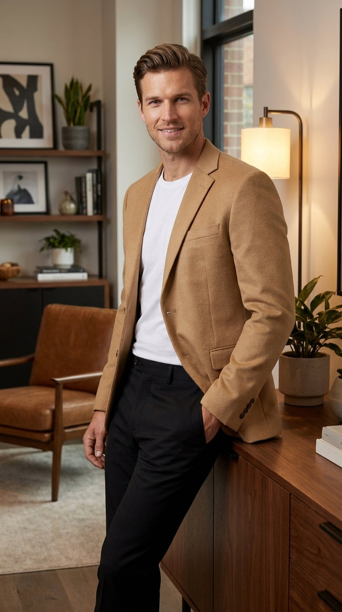 Men’s Camel Hair 2 Button Sport Coat, Classic Vent Blazer for Business and Casual Wear