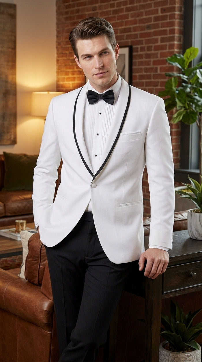 Men’s Designer White Dinner Jacket with Black Trim, Traditional Formal Wedding Prom Tuxedo Blazer