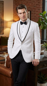 Men’s Designer White Dinner Jacket with Black Trim, Traditional Formal Wedding Prom Tuxedo Blazer