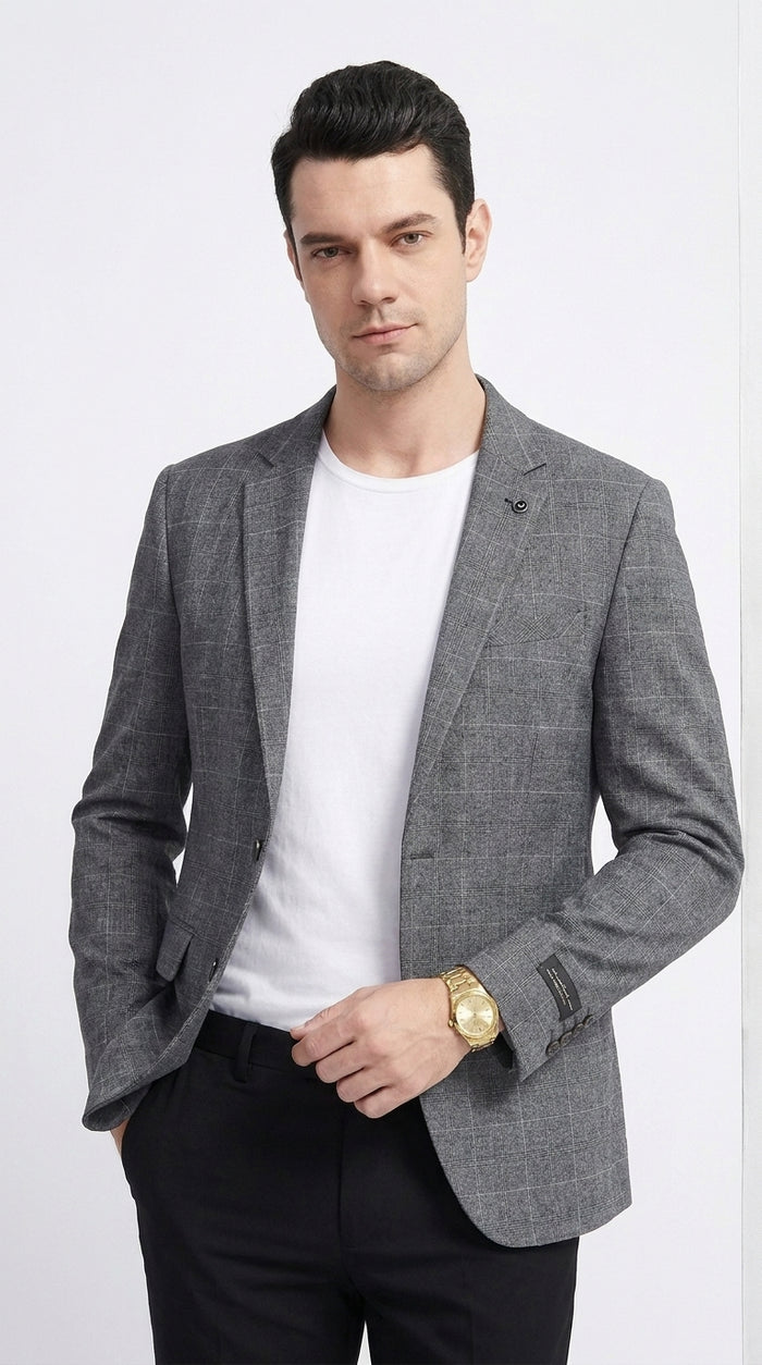 Tazio Men’s Charcoal Grey Plaid Sport Coat, 2 Button Windowpane Dress Blazer
