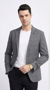 Tazio Men’s Charcoal Grey Plaid Sport Coat, 2 Button Windowpane Dress Blazer