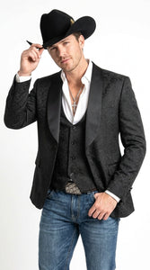 Men’s Black Paisley Jacquard Blazer, Satin Shawl Lapel Western Formal Designer Jacket