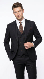 Men’s Black Wool Suit with One Button Peak Lapel Jacket and Double Breasted Vest