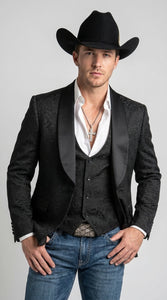 Men’s Black Paisley Jacquard Blazer, Satin Shawl Lapel Western Formal Designer Jacket