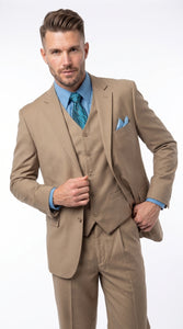 Men’s Tan 3 Button Classic Fit Vested Suit, Formal Wedding Business Dress Suit