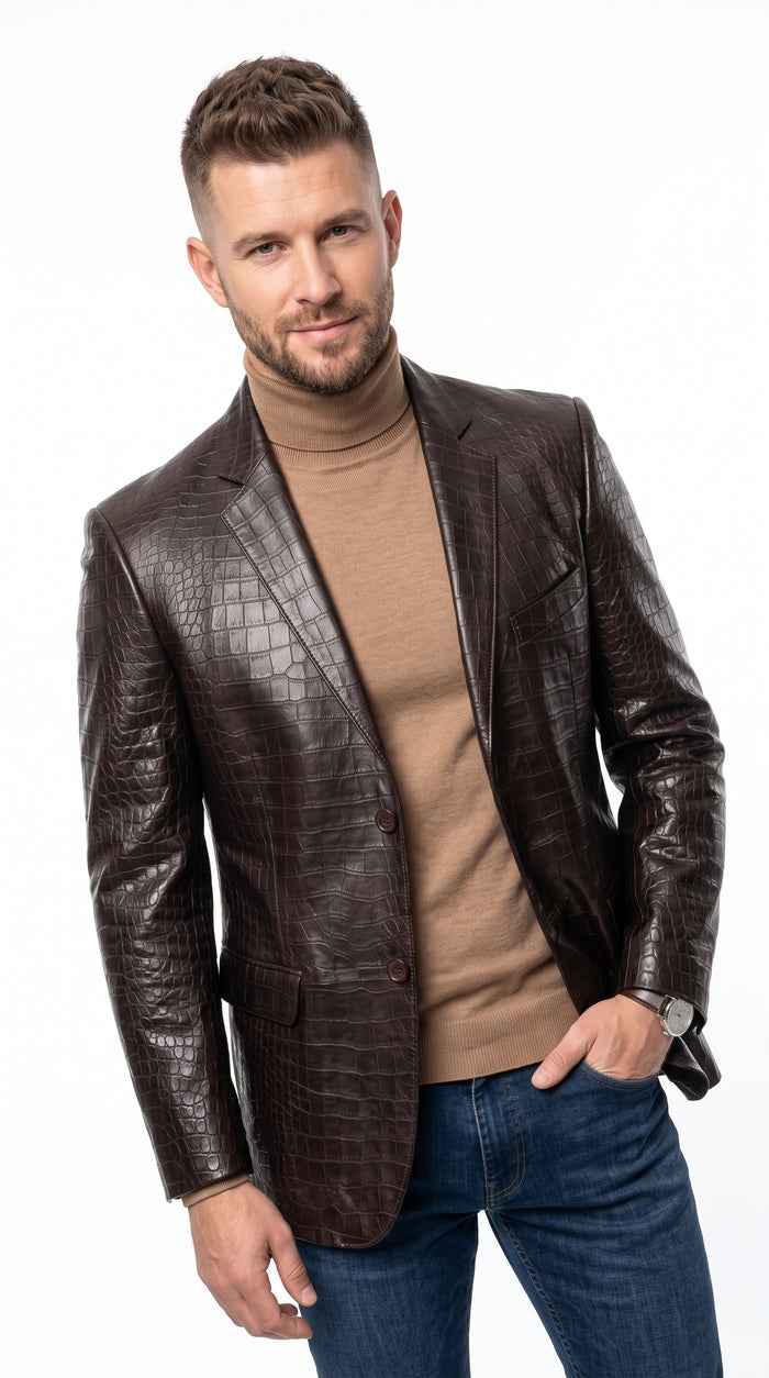 Zacchi Men’s Brown Crocodile Print Leather Feel Blazer, Italian Cut 2 Button Big and Tall Jacket