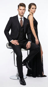 Men’s Black Wool Suit with One Button Peak Lapel Jacket and Double Breasted Vest