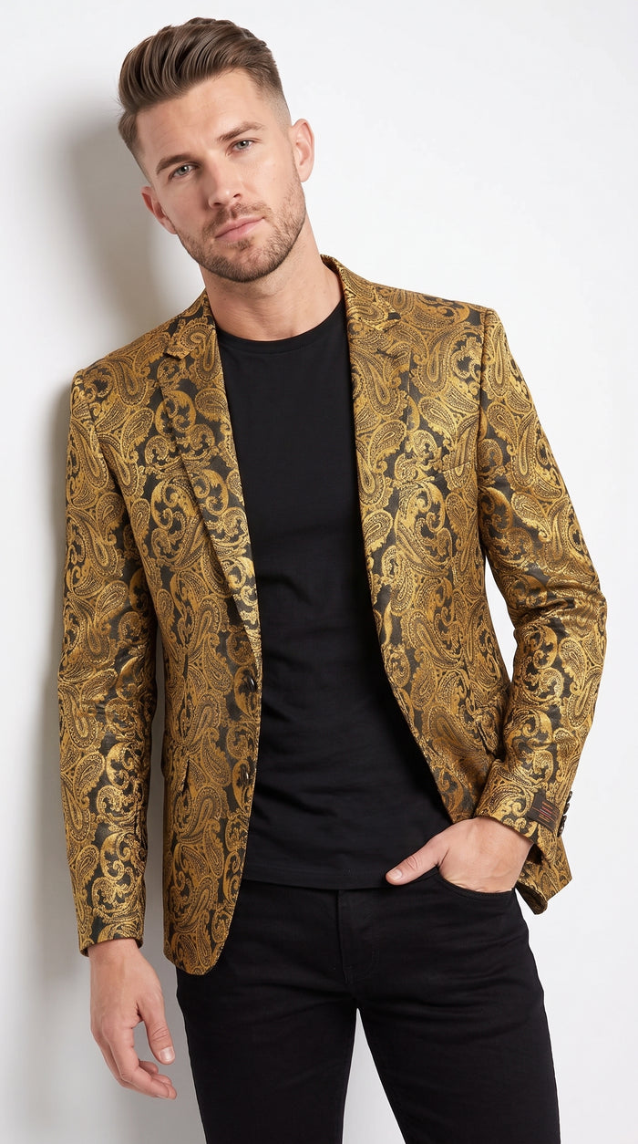 Men’s Gold Dinner Blazer, Baroque Paisley Formal Party Sport Coat