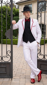 Men’s White and Black Pinstripe Zoot Suit, High Waist Formal Party Tuxedo Suit