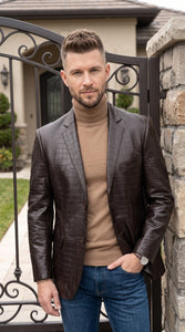Zacchi Men’s Brown Crocodile Print Leather Feel Blazer, Italian Cut 2 Button Big and Tall Jacket