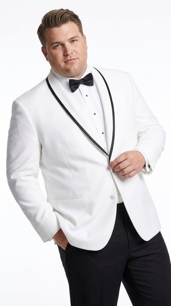 Men’s Designer White Dinner Jacket with Black Trim, Traditional Formal Wedding Prom Tuxedo Blazer