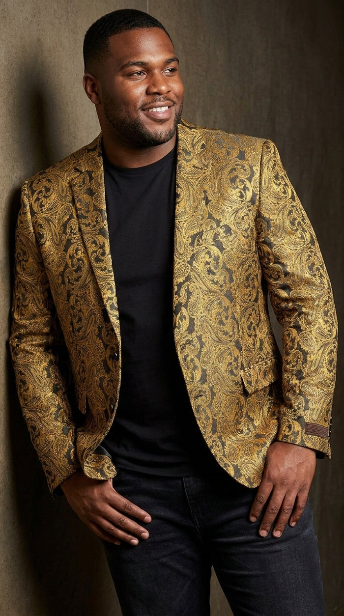 Men’s Gold Dinner Blazer, Baroque Paisley Formal Party Sport Coat