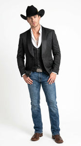Men’s Black Paisley Jacquard Blazer, Satin Shawl Lapel Western Formal Designer Jacket