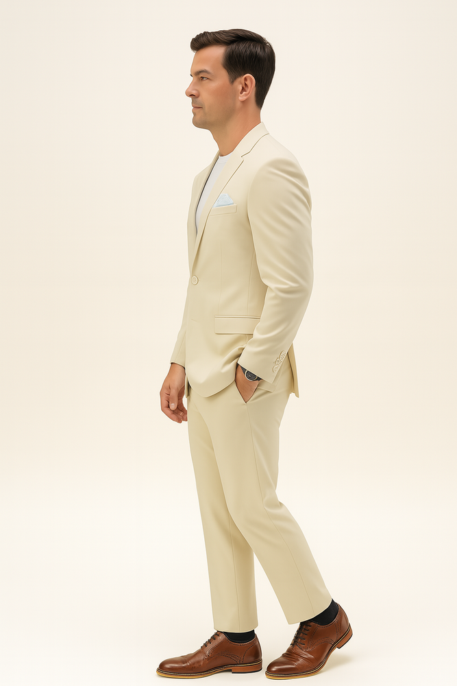 Mens Two Piece Linen Suit Relaxed Hybrid Fit No Collar