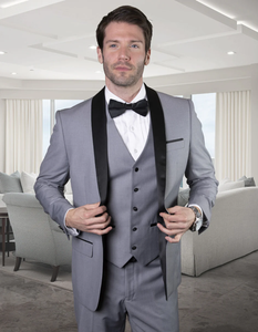 Gray Prom Suit - Mens Wool One Button Modern Fit Vested Shawl Tuxedo in Grey & Black