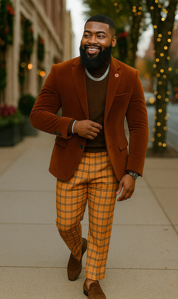 EJ Samuel | Modern Fit Velvet Blazer | Rust Light Brown Copper Color | 2-Button | Mens