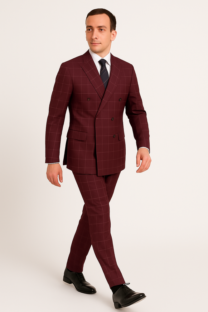 Naples Collection - Wine Modern Fit Double Breasted Windowpane Peak Lapel 2 Piece Suit