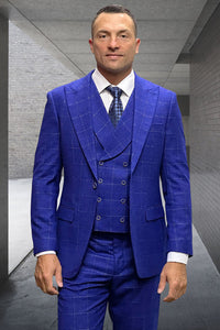 Men's Designer Wool Suit with Double Breasted Vest in Cobalt Blue Windowpane Plaid
