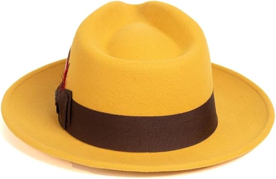 Gangster 100% Austrailian Wool Crushable Mens Fedora Hat - Removable Feather Gangster Mustard Mens Fedora Hat