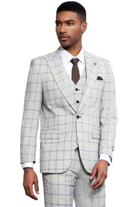 Men's Stacy Adams One Button Peak Lapel Vested Windowpane Plaid Suit in Grey & Blue