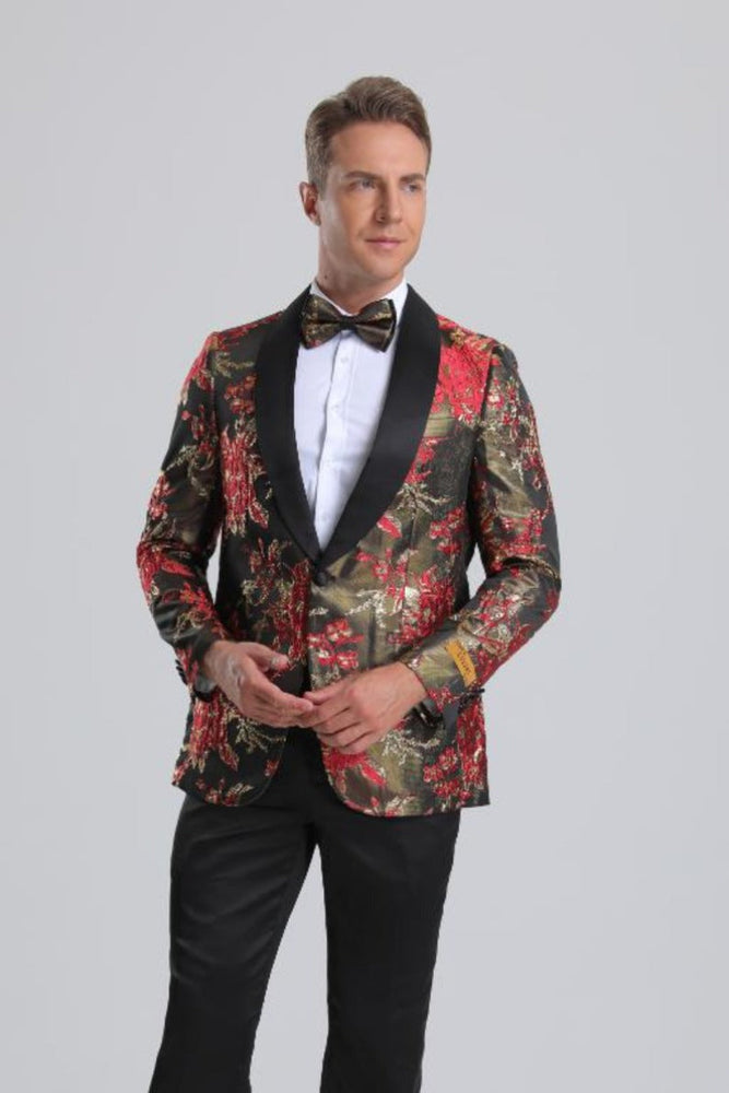 Men's Red & Gold Floral Paisley Prom Tuxedo Jacket - 60 Days Delivery