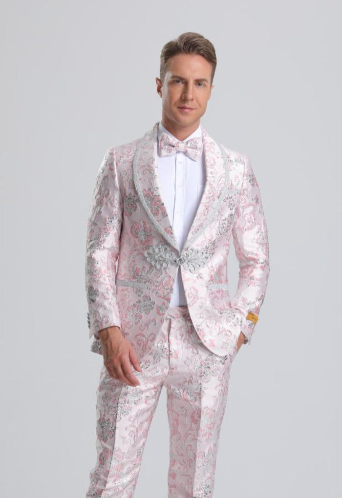 Men's Fancy Pink Floral Paisley Prom Tuxedo with Silver Trim