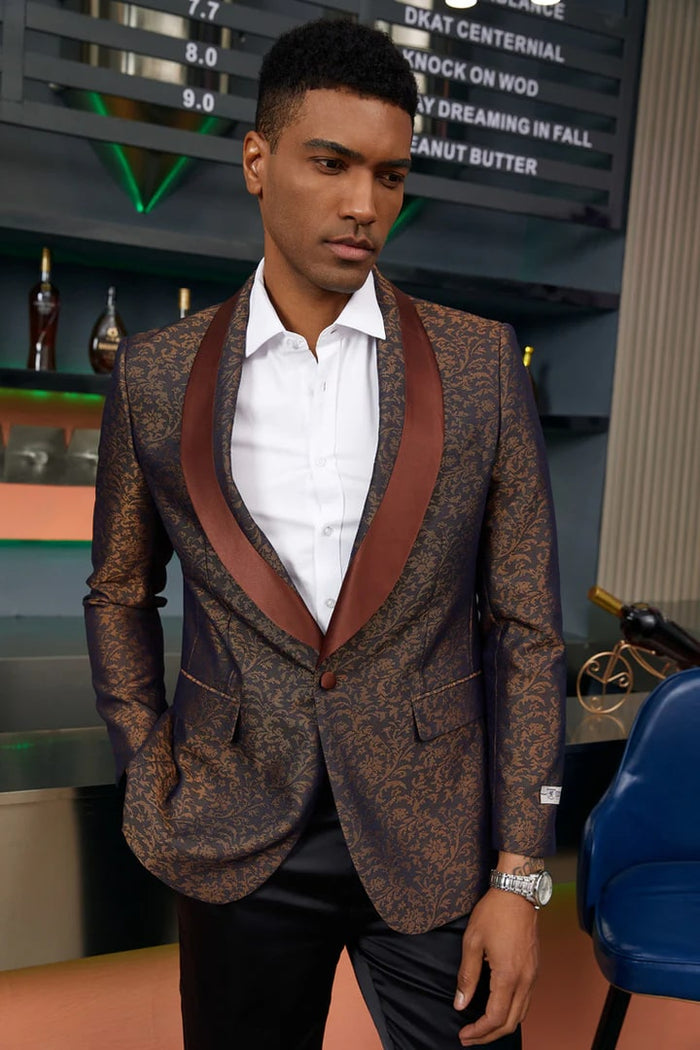 Brown  Prom Tuxedo Suit - Brown Wedding Suit - Men's Stacy Adam's Slim Fit Paisley Prom Tuxedo