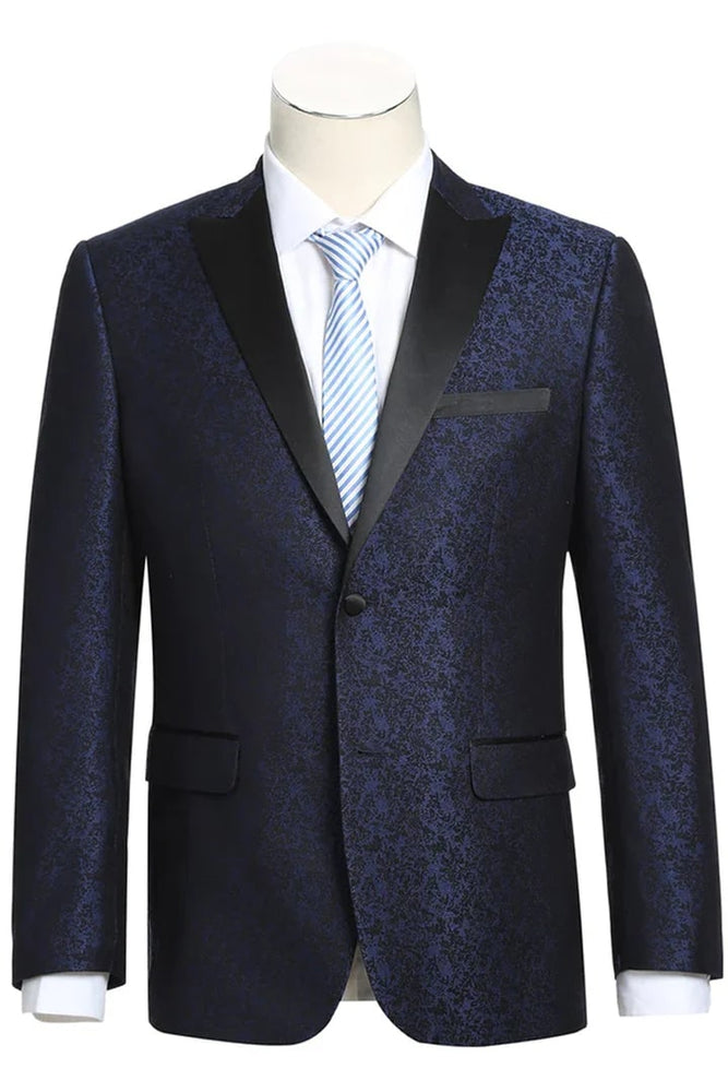 Navy Prom Tuxedo Suit -Navy Wedding Suit - Mens Two Button Peak Lapel Paisley Prom Tuxedo Blazer