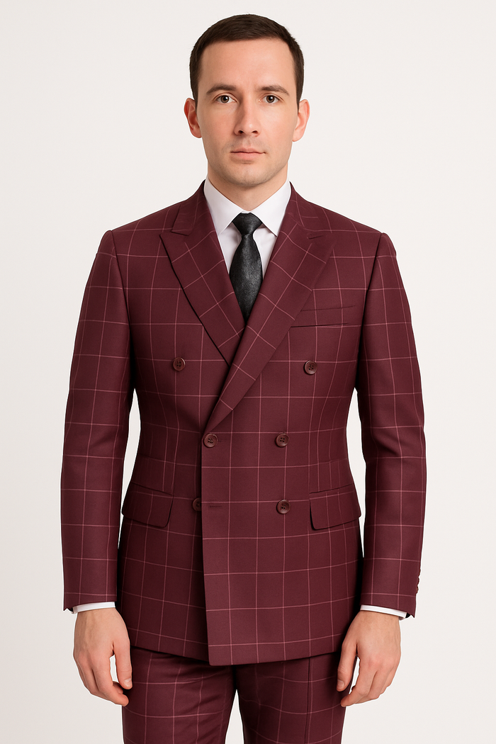 Naples Collection - Wine Modern Fit Double Breasted Windowpane Peak Lapel 2 Piece Suit