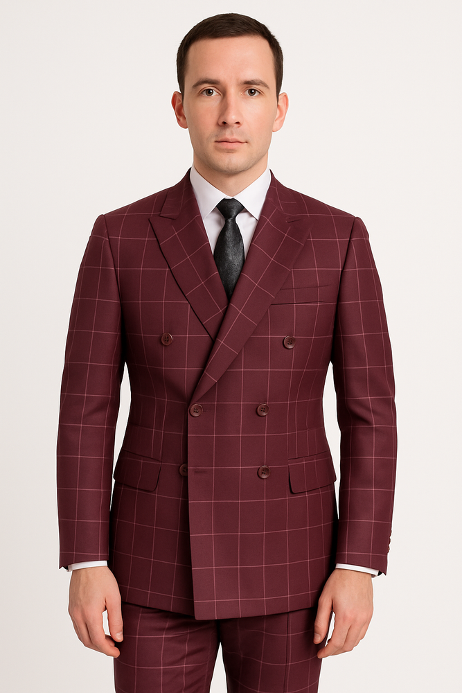 Naples Collection - Wine Modern Fit Double Breasted Windowpane Peak Lapel 2 Piece Suit