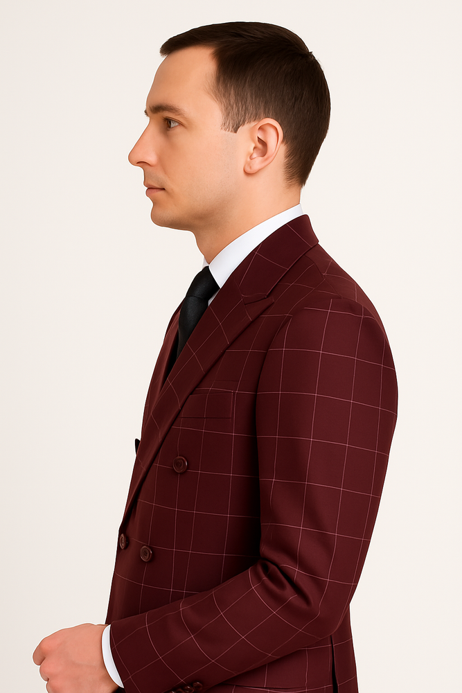 Naples Collection - Wine Modern Fit Double Breasted Windowpane Peak Lapel 2 Piece Suit