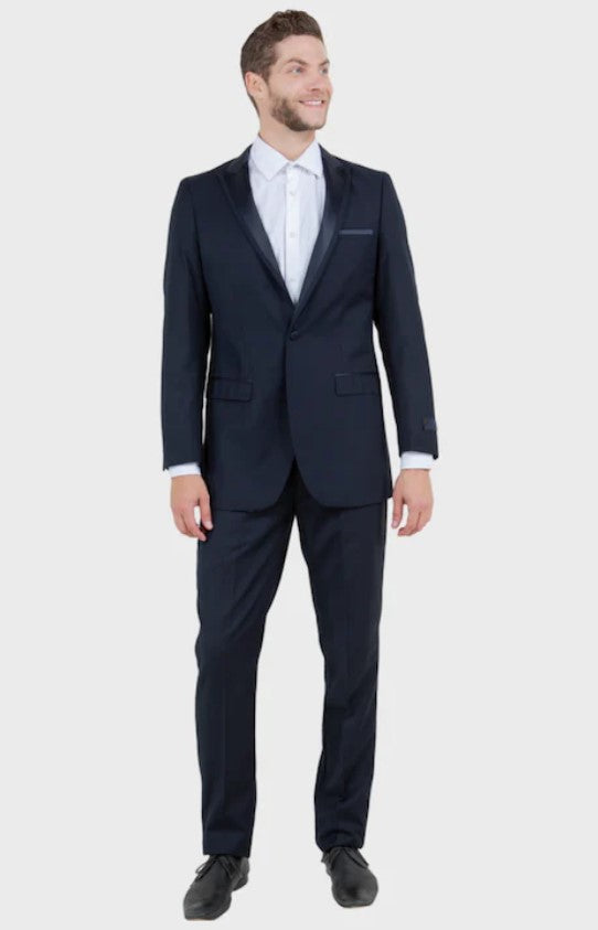 Big and Tall Tuxedo - Flat Front Pants Navy 1 Button Peak Lapel Tuxedo