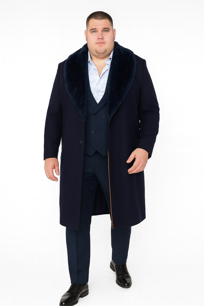 Mens Navy Blue Overcoat with Faux Fur Collar – Luxury Long Winter Coat for Formal and Casual Wear Topcoat