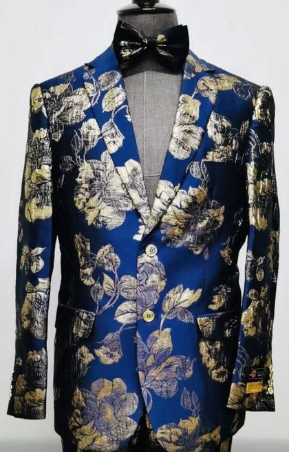 Mens Navy Blue and Gold Floral Tuxedo Jacket – Luxury Slim Fit Blazer with Gold Pattern Paisley Pattern Matching Bowtie