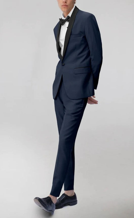 Mens Navy Shawl Lapel Suit Flat Front Pant Single Breased Slim Fit