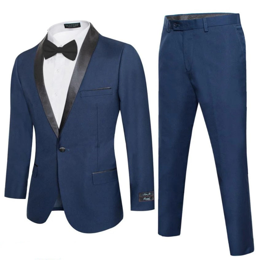 Mens Navy Tuxedo Slim Fit Shawl Label Suit