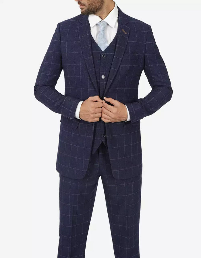 Mens Navy Blue Check 3 Piece 1920s Vintage inspired Suit