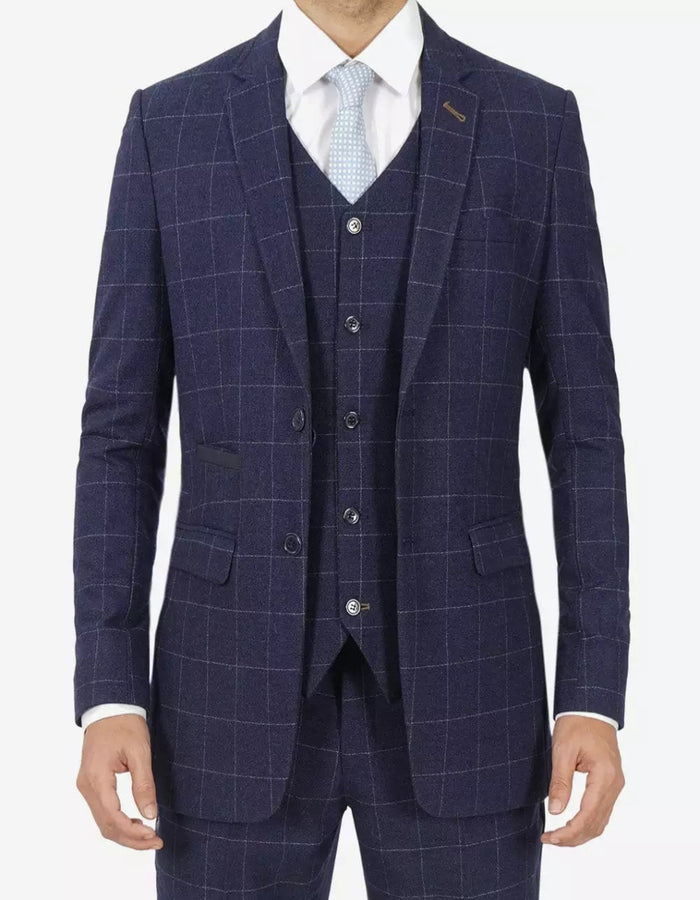 Mens Navy Blue Check 3 Piece 1920s Vintage inspired Suit