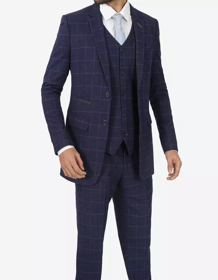 Mens Navy Blue Check 3 Piece 1920s Vintage inspired Suit