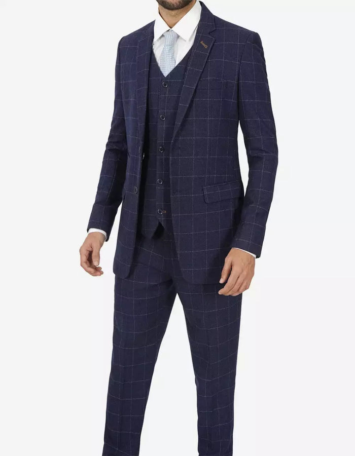 Mens Navy Blue Check 3 Piece 1920s Vintage inspired Suit