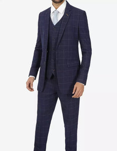 Mens Navy Blue Check 3 Piece 1920s Vintage inspired Suit