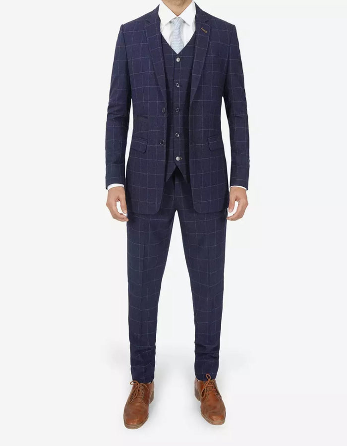 Mens Navy Blue Check 3 Piece 1920s Vintage inspired Suit