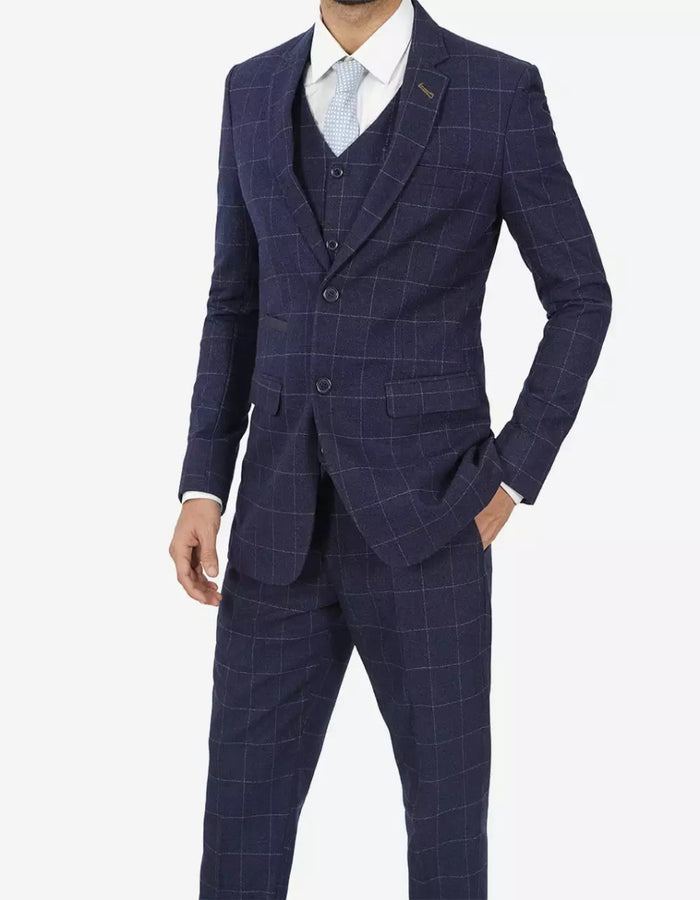 Mens Navy Blue Check 3 Piece 1920s Vintage inspired Suit