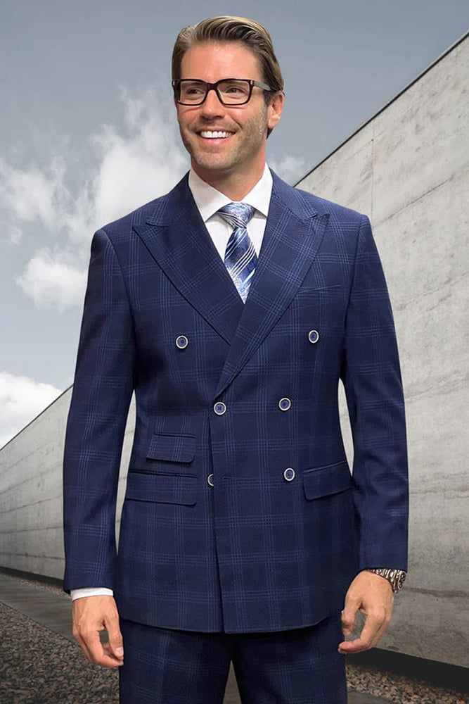 Mens Designer Classic Fit Double Breasted Navy Windowpane Suit