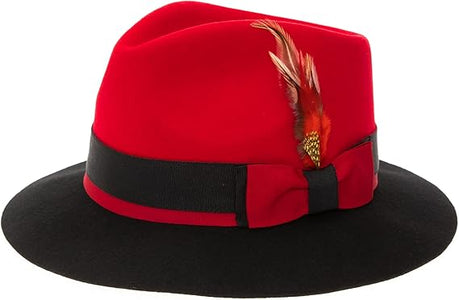 Gangster 100% Austrailian Wool Crushable Mens Fedora Hat - Removable Feather Gangster Red and Black Mens Fedora Hat